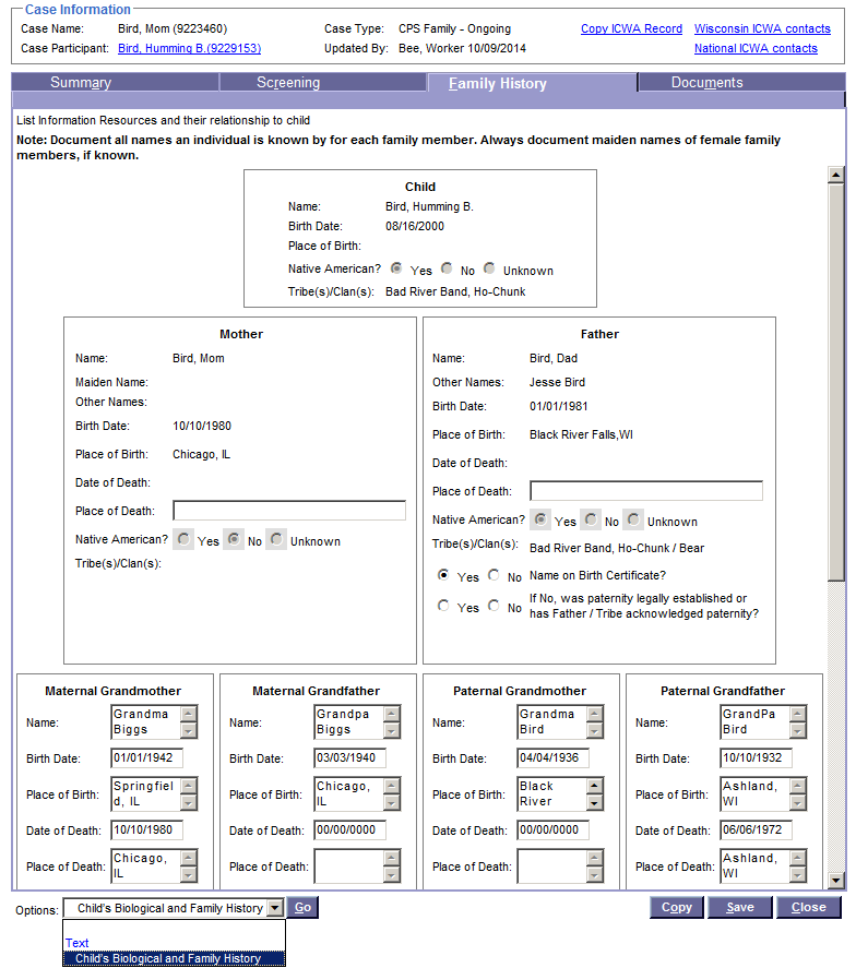 Child’s Biological History form