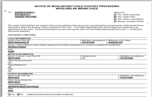 Notice of Involuntary Child Custody Proceeding Involving an Indian Child